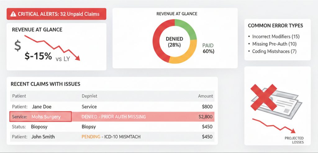 Dermatology EHR claim denial and billing error screen